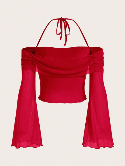 SHEIN ICON Top unicolor fruncido de cuello halter de manga amplia