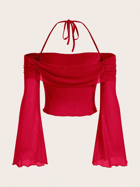 SHEIN ICON Top unicolor fruncido de cuello halter de manga amplia