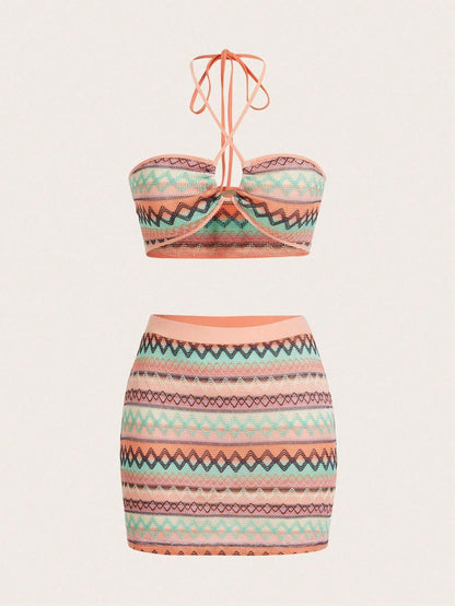 SHEIN ICON con estampado de cheurón Top halter & Falda ajustada - Conjunto