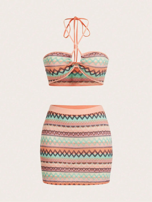 SHEIN ICON con estampado de cheurón Top halter & Falda ajustada - Conjunto