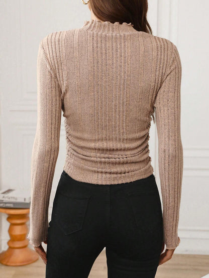 SHEIN LUNE Blusa casual de manga larga para mujer con cuello alto, ribete de volantes, cintura ceñida, y una textura acolchada y cálida acanalada