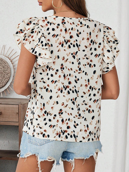 SHEIN LUNE Blusa holgada de verano con mangas de volantes y estampado de leopardo de color albaricoque para conciertos de música de mujeres, regreso a clases, uniforme de maestra o trabajo casual