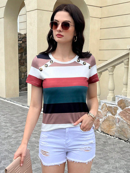 SHEIN LUNE Camiseta de mujer LUNE con cuello redondo pequeño y mangas cortas, camiseta poco convencional con diseño de botones en el lateral del cuello, camiseta de punto casual larga con estampado de rayas de otoño