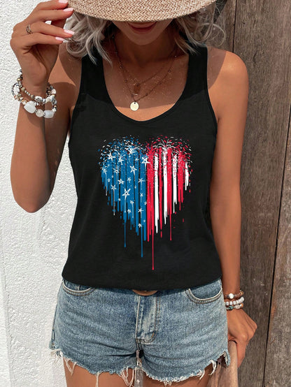 SHEIN LUNE Camiseta sin mangas para mujer con impresión de corazón y bandera internacional, casual