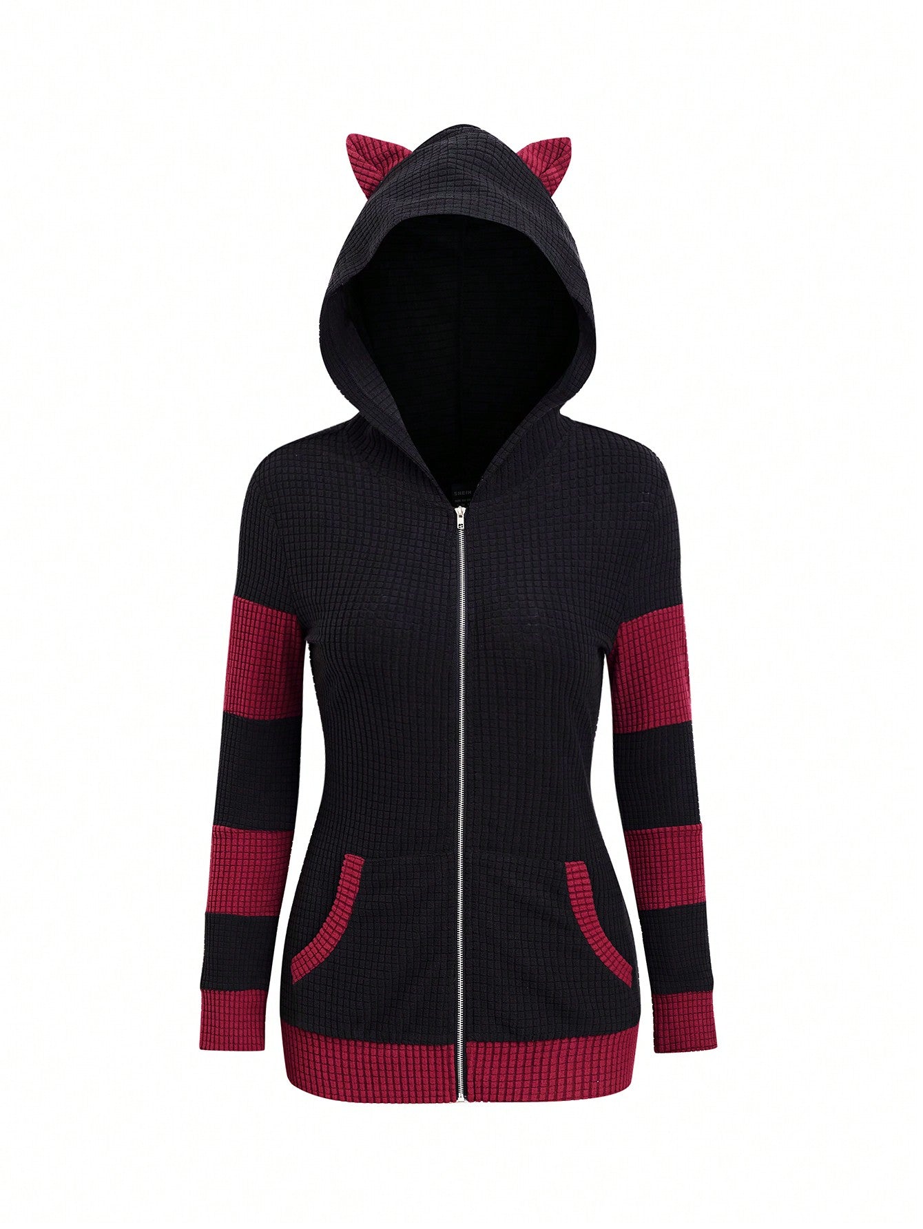 SHEIN LUNE Sudadera con capucha y cremallera completa, ajustada, con parches y contraste de color con orejas de gato, para otoño/invierno