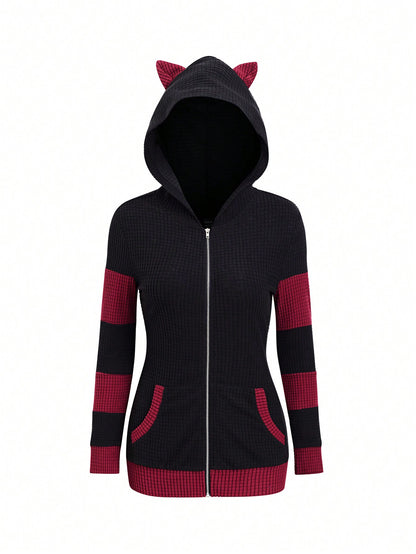 SHEIN LUNE Sudadera con capucha y cremallera completa, ajustada, con parches y contraste de color con orejas de gato, para otoño/invierno