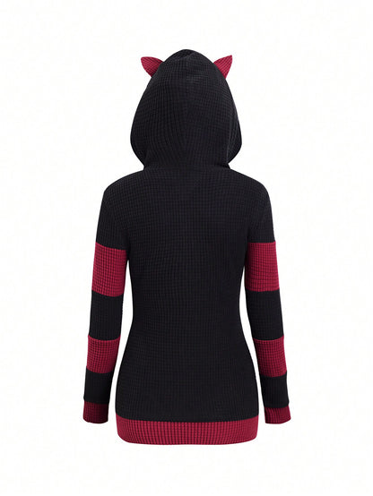 SHEIN LUNE Sudadera con capucha y cremallera completa, ajustada, con parches y contraste de color con orejas de gato, para otoño/invierno