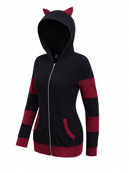 SHEIN LUNE Sudadera con capucha y cremallera completa, ajustada, con parches y contraste de color con orejas de gato, para otoño/invierno