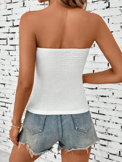 SHEIN LUNE Top de tubo texturizado blanco para mujer, ajustado y casual para festivales de música de verano y vacaciones