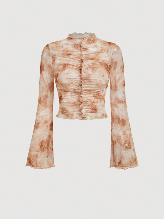 SHEIN MOD Blusa de manga larga con pliegues y estampado aleatorio para mujeres