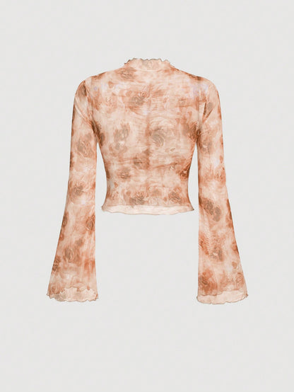 SHEIN MOD Blusa de manga larga con pliegues y estampado aleatorio para mujeres