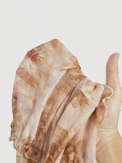 SHEIN MOD Blusa de manga larga con pliegues y estampado aleatorio para mujeres
