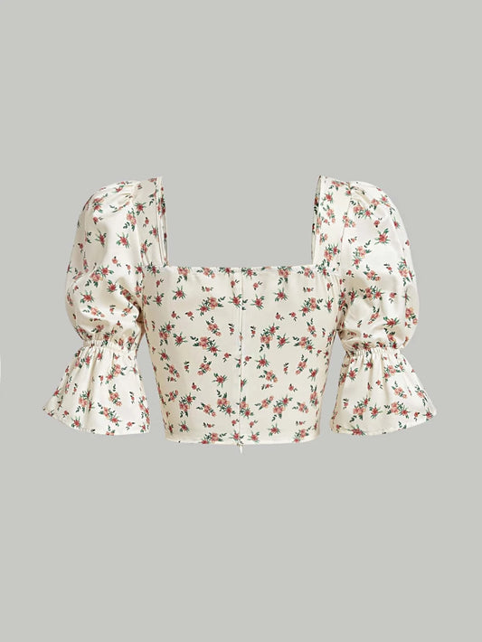 SHEIN MOD Camisa crop con estampado floral de manga con volante con nudo delantero