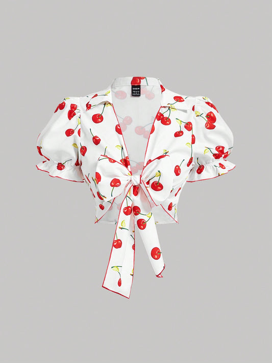 SHEIN MOD Camisa de mujer con estampado de cerezas y lazo en la parte delantera, corta, para vacaciones de verano