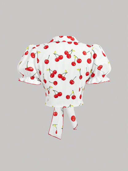 SHEIN MOD Camisa de mujer con estampado de cerezas y lazo en la parte delantera, corta, para vacaciones de verano