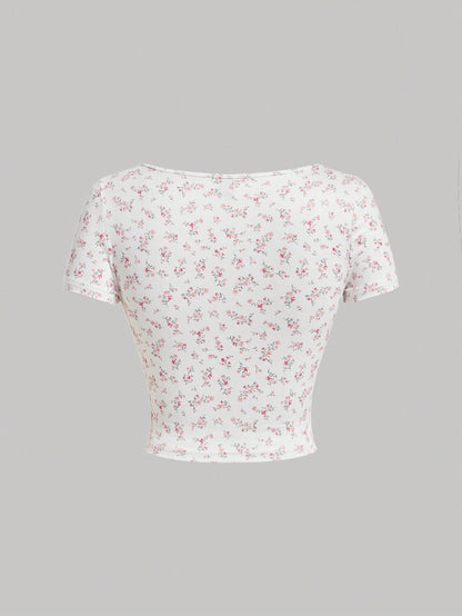 SHEIN MOD Camiseta De Manga Corta Para Mujer Con Nudo Frontal Y Cuello Redondo Con Estampado Floral Para El Verano