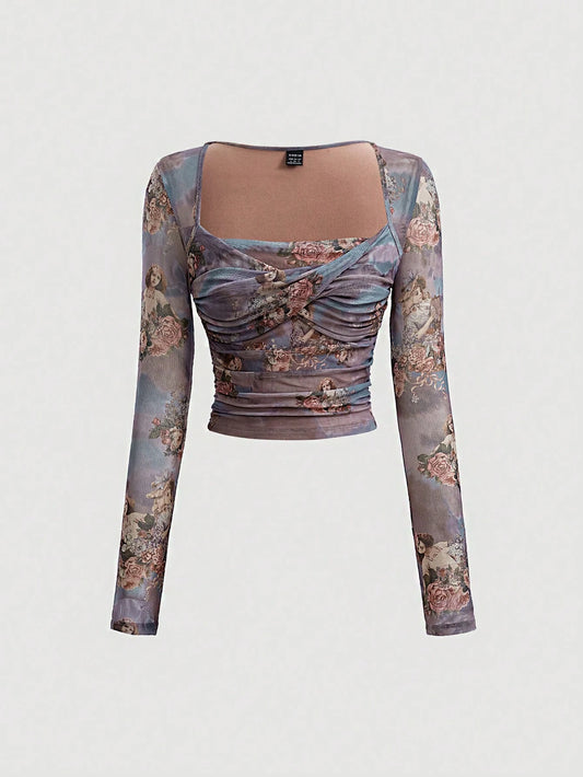 SHEIN MOD Camiseta De Manga Larga De Nudo Retorcido Y Estampado Floral Para Mujer