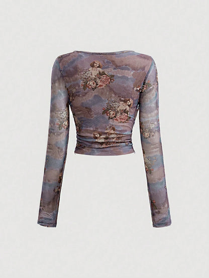 SHEIN MOD Camiseta De Manga Larga De Nudo Retorcido Y Estampado Floral Para Mujer