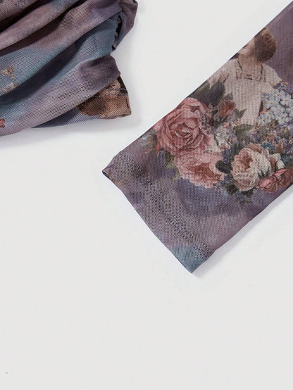 SHEIN MOD Camiseta De Manga Larga De Nudo Retorcido Y Estampado Floral Para Mujer