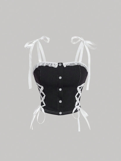 SHEIN MOD Camiseta De Tirantes De Bloque De Color Con Cintura Moldeada En Negro Y Blanco