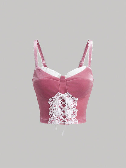 SHEIN MOD Camiseta Sin Mangas De Tirantes Con Encaje Y Parches Para Mujer