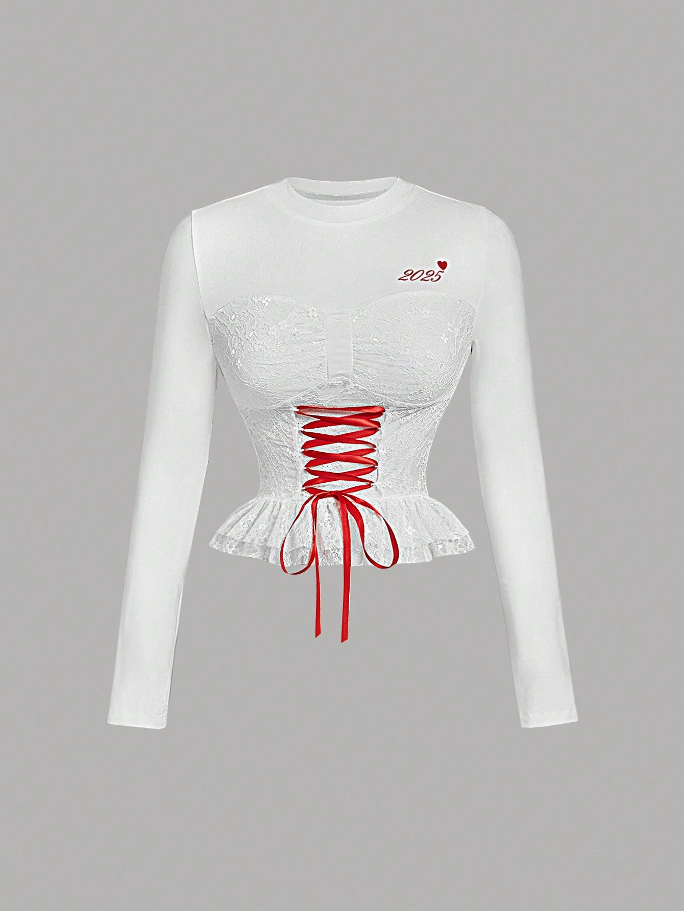 SHEIN MOD Camiseta blanca con letras delanteras decoradas con puntada de encaje hueco, con cordones en la parte delantera, camiseta de Año Nuevo, camiseta de San Valentín, camiseta linda, camiseta de primavera