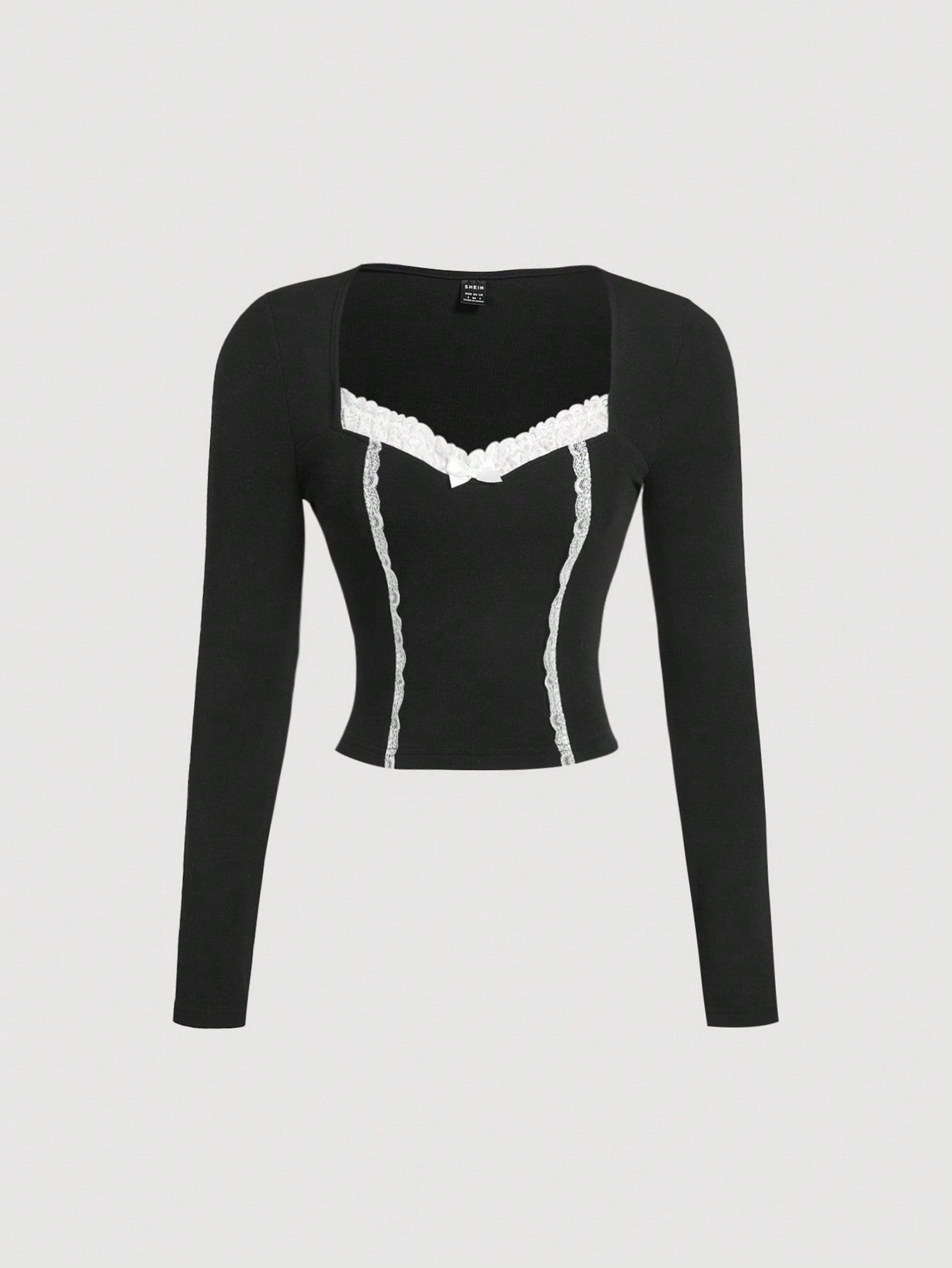 SHEIN MOD Camiseta casual de manga larga para mujer con cuello cuadrado, recortes, volantes y bloques de color negro y blanco, ideal para el Día de San Valentín