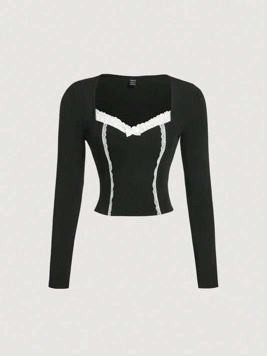 SHEIN MOD Camiseta casual de manga larga para mujer con cuello cuadrado, recortes, volantes y bloques de color negro y blanco, ideal para el Día de San Valentín