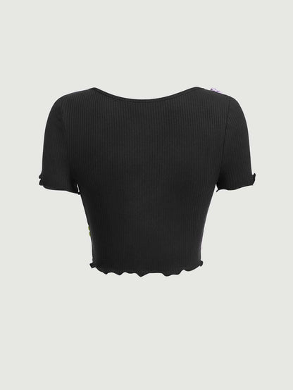 SHEIN MOD Camiseta con patrón floral ribete en forma de lechuga con lazo delantero