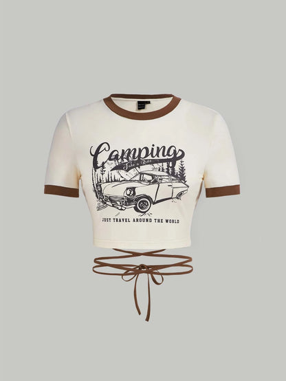 SHEIN MOD Camiseta corta con contrastes gráficos de automóvil y lema, enlaces cruzados, para acampada "Tomar un paseo, SOLO VIAJAR ALREDEDOR DEL MUNDO"
