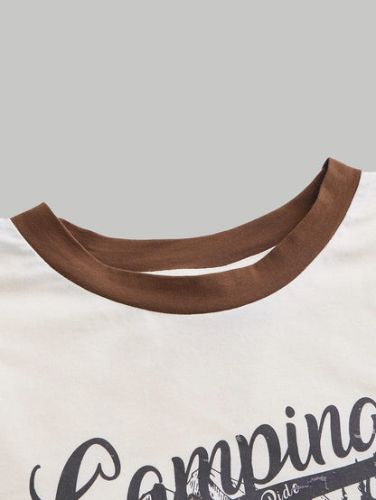SHEIN MOD Camiseta corta con contrastes gráficos de automóvil y lema, enlaces cruzados, para acampada "Tomar un paseo, SOLO VIAJAR ALREDEDOR DEL MUNDO"