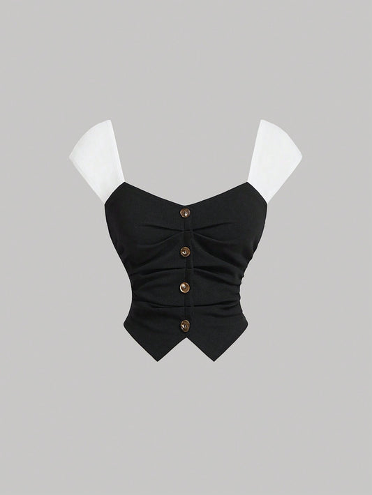 SHEIN MOD Camiseta corta de cuello en V con volantes asimétricos vintage, camiseta ajustada con cuello en V y botones de mujer, color negro, ropa de otoño, estilo old money