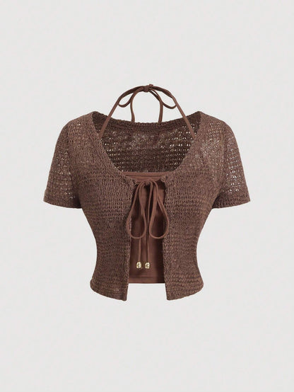 SHEIN MOD Camiseta corta sin mangas de verano para mujer con lazo frontal y manga corta