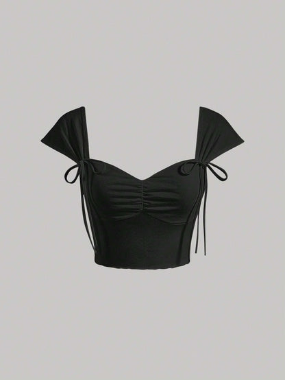 SHEIN MOD Camiseta crop unicolor pecho con fruncido con diseño de nudo