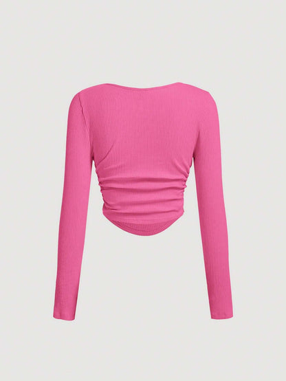 SHEIN MOD Camiseta de cuello scoop fruncido bajo curvo
