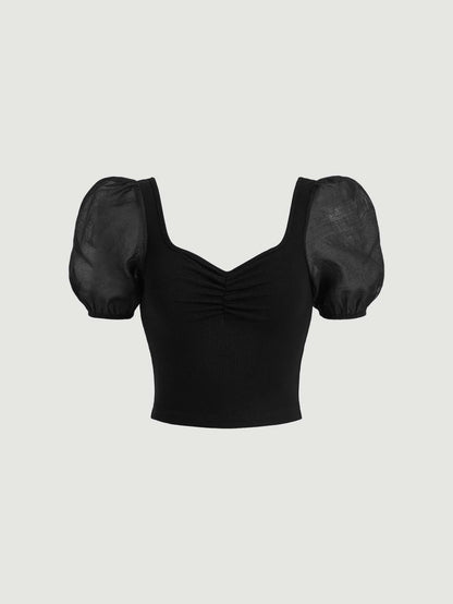 SHEIN MOD Camiseta de malla en contraste de manga farol pecho con fruncido
