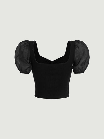 SHEIN MOD Camiseta de malla en contraste de manga farol pecho con fruncido