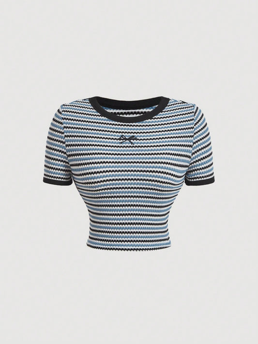 SHEIN MOD Camiseta de manga corta de mujer a rayas tejida con estilo vintage