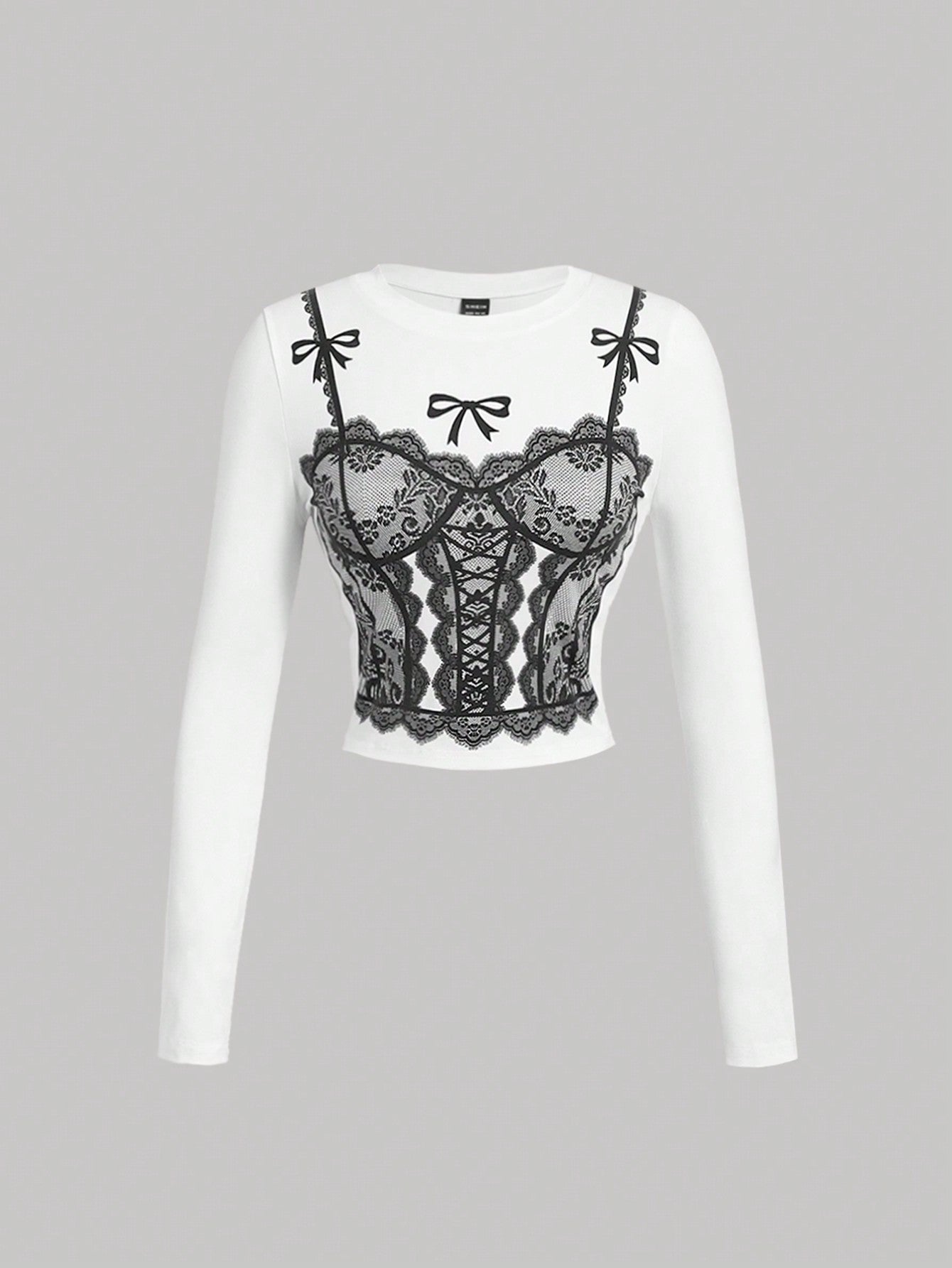 SHEIN MOD Camiseta de manga larga ajustada con estampado de encaje, camiseta de mujer para otoño/invierno, estilo empresarial casual, estilo años 90, homecoming, moda coreana, ropa de oficina, renacimiento, estilo old money, baile de graduación