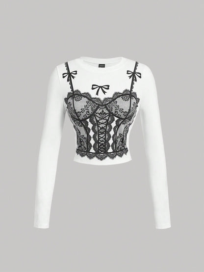 SHEIN MOD Camiseta de manga larga ajustada con estampado de encaje, camiseta de mujer para otoño/invierno, estilo empresarial casual, estilo años 90, homecoming, moda coreana, ropa de oficina, renacimiento, estilo old money, baile de graduación