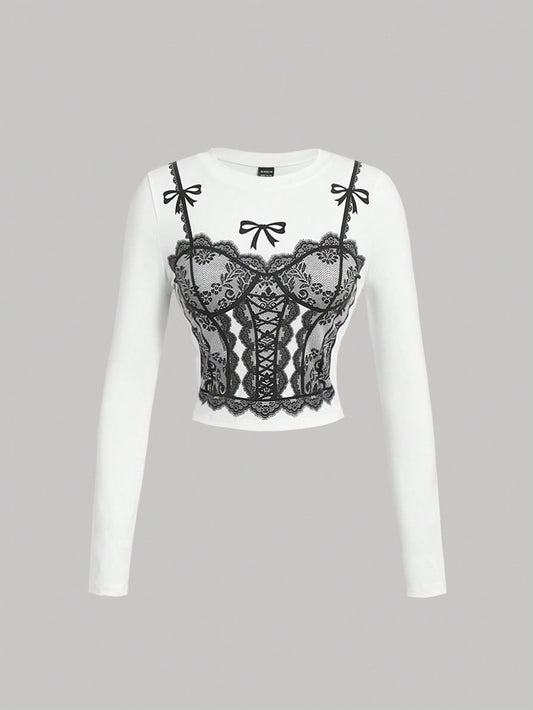 SHEIN MOD Camiseta de manga larga ajustada con estampado de encaje, camiseta de mujer para otoño/invierno, estilo empresarial casual, estilo años 90, homecoming, moda coreana, ropa de oficina, renacimiento, estilo old money, baile de graduación