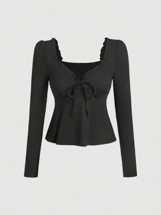 SHEIN MOD Camiseta de manga larga color albaricoque con decoración de cordón frontal, top de muñeca, camiseta de otoño, camiseta de regreso a la escuela, camiseta linda, camiseta de Navidad