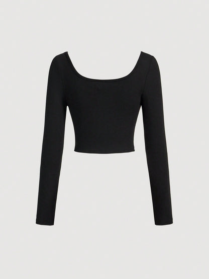 SHEIN MOD Camiseta de manga larga de ajuste ceñido en color block rojo y negro para mujer