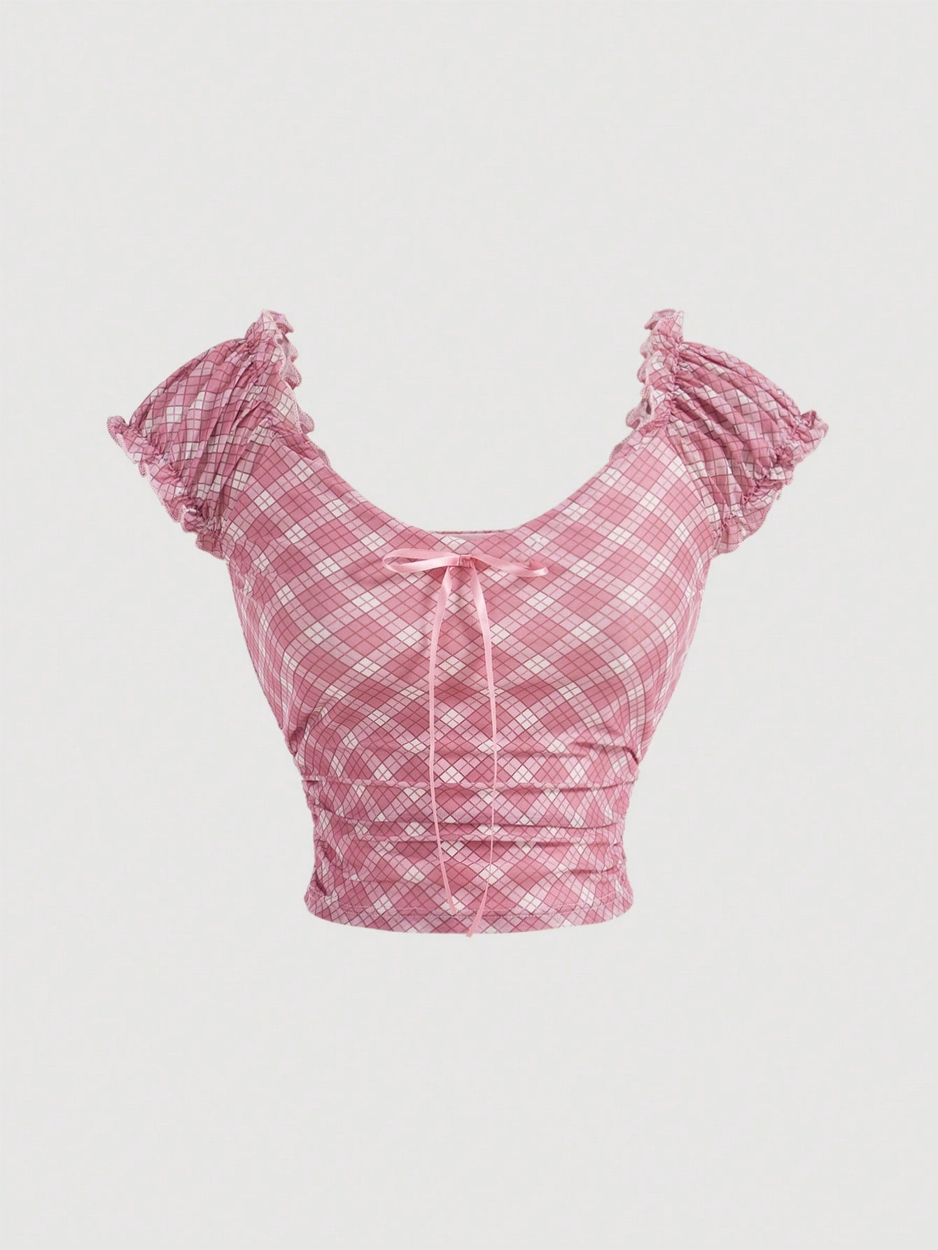 SHEIN MOD Camiseta de mujer a cuadros con encaje floral y detalle de lazo - Ropa de diario de moda, estilo dulce