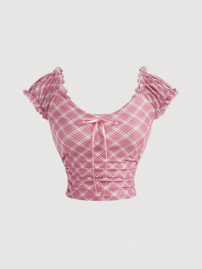 SHEIN MOD Camiseta de mujer a cuadros con encaje floral y detalle de lazo - Ropa de diario de moda, estilo dulce