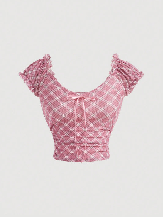 SHEIN MOD Camiseta de mujer a cuadros con encaje floral y detalle de lazo - Ropa de diario de moda, estilo dulce