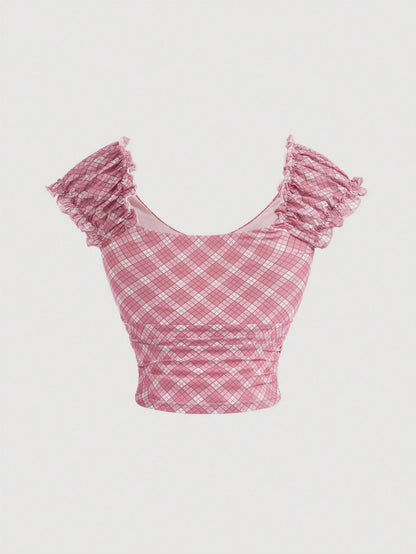 SHEIN MOD Camiseta de mujer a cuadros con encaje floral y detalle de lazo - Ropa de diario de moda, estilo dulce