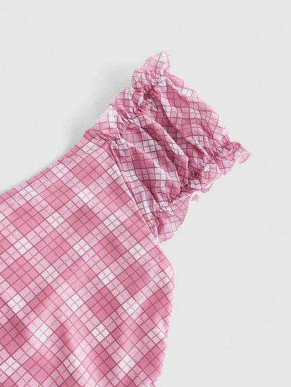SHEIN MOD Camiseta de mujer a cuadros con encaje floral y detalle de lazo - Ropa de diario de moda, estilo dulce