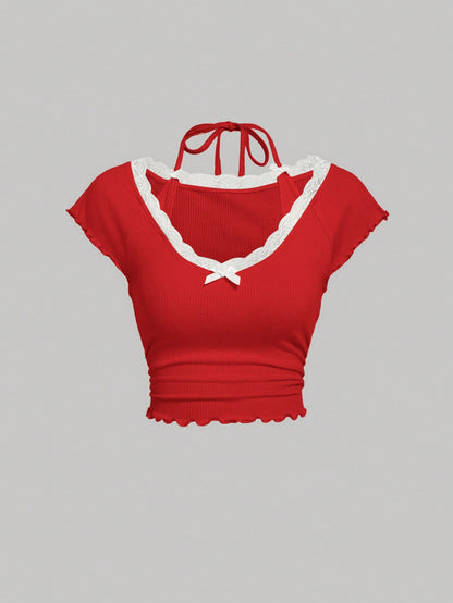 SHEIN MOD Camiseta para mujer con ribete de encaje de primavera y cuello halter con lazo