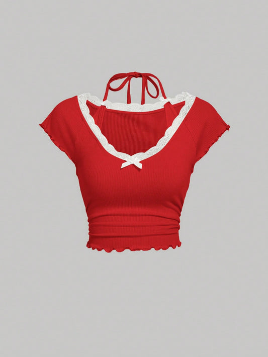SHEIN MOD Camiseta para mujer con ribete de encaje de primavera y cuello halter con lazo